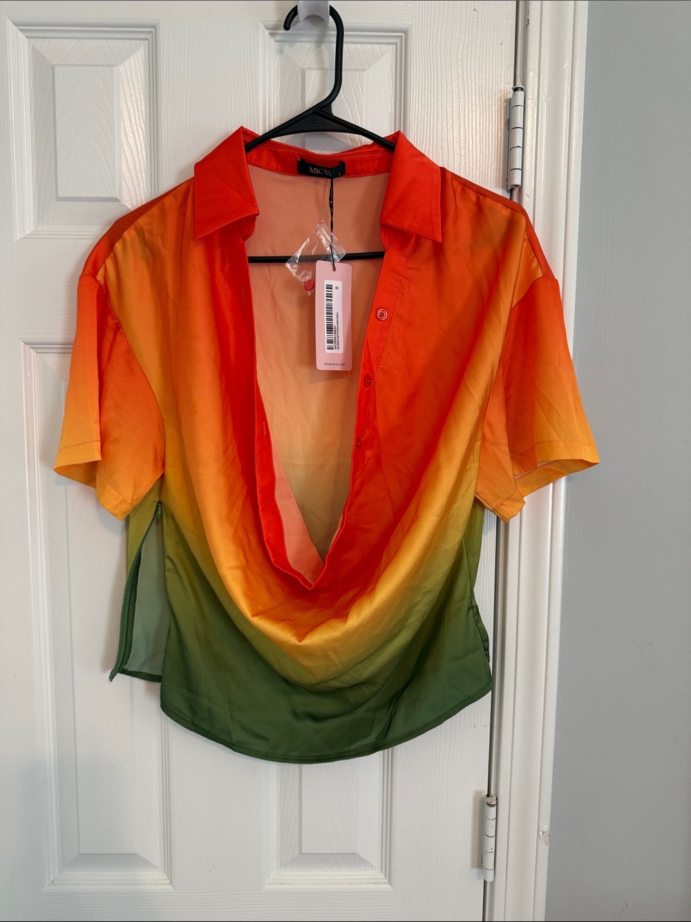MICAS Orange to Green Ombre Draped V-Neck Blouse with skirt